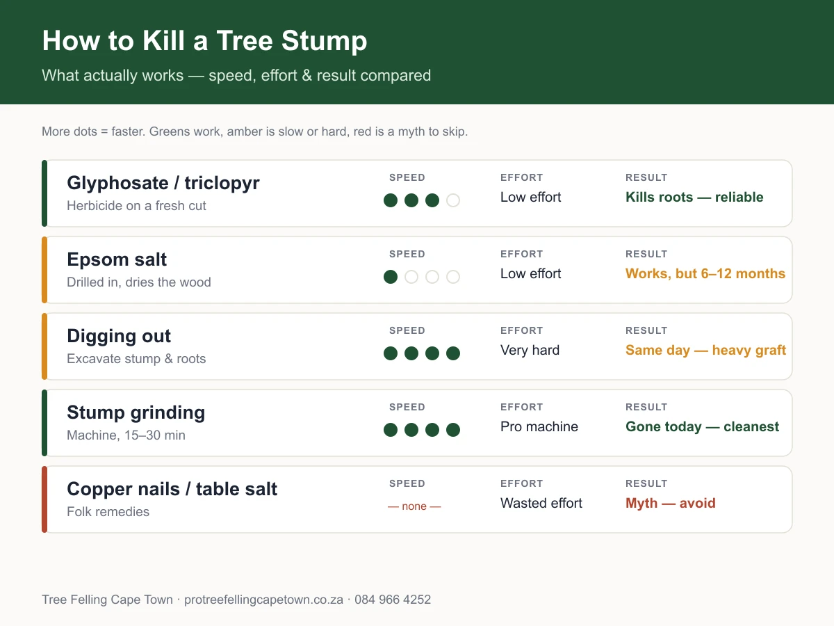 Comparison of tree stump killing and removal methods by speed, effort and result