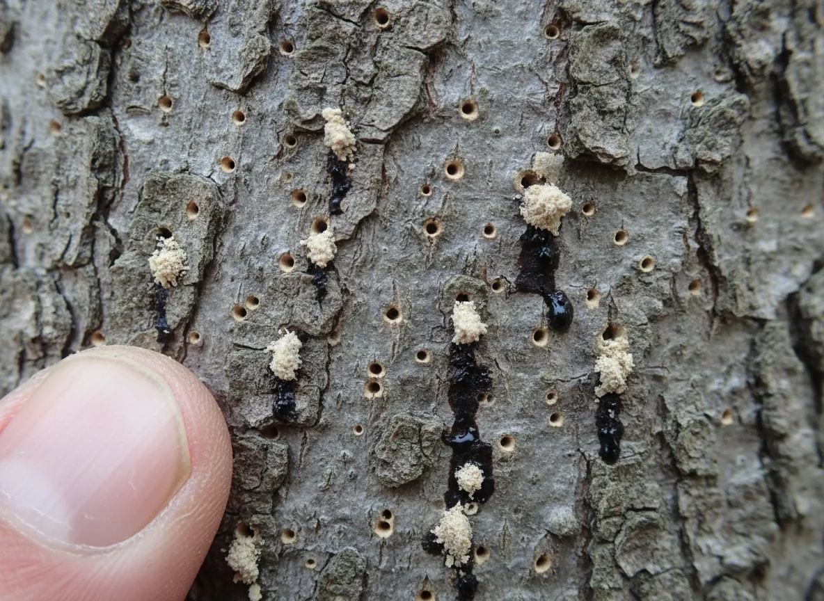 Close-up of tree bark with tiny round shot hole borer entry holes, pale frass and dark weeping staining