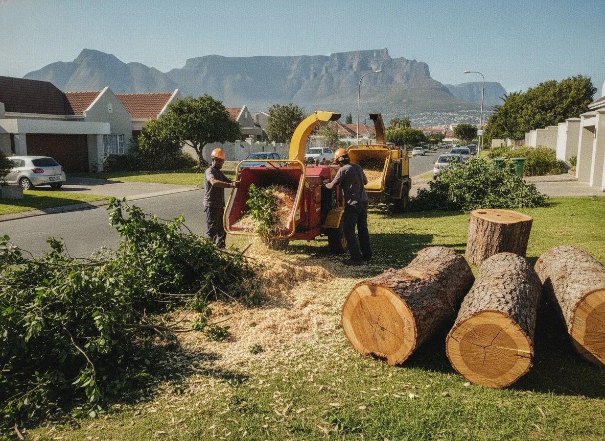 A tree crew chipping cut branches on site in a Cape Town suburb with sectioned logs stacked nearby